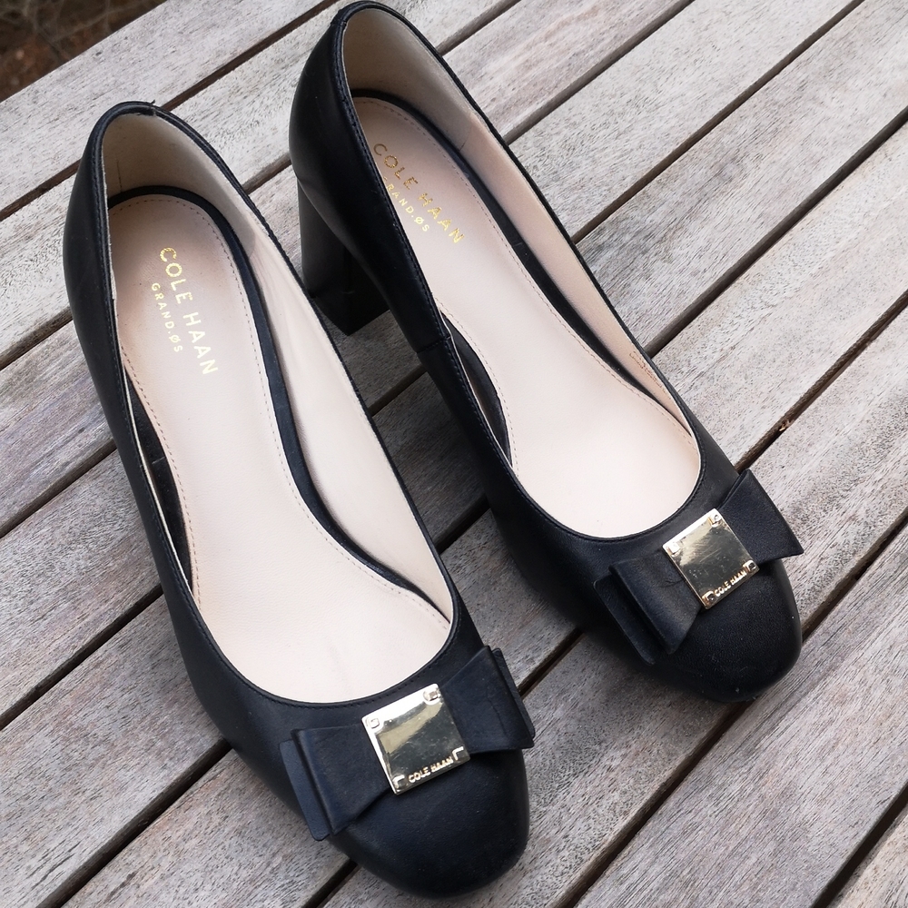 Cole Haan Black Leather Block Heel Pumps with Bow